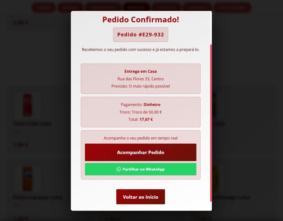 Checkout de pedido online com pagamento integrado e confirmação automática
